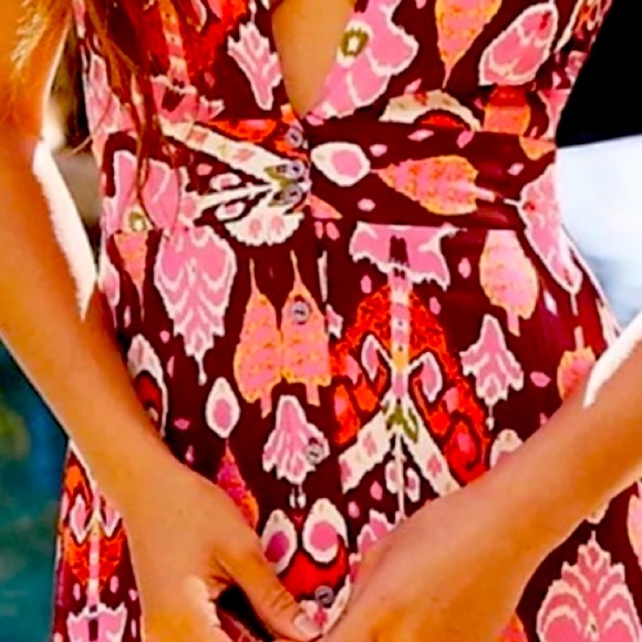 🔥Anthropologie Deep-V Burgundy/Cranberry/Orange/Pinks Maaji Maxi Dress-Medium - Picture 11 of 15